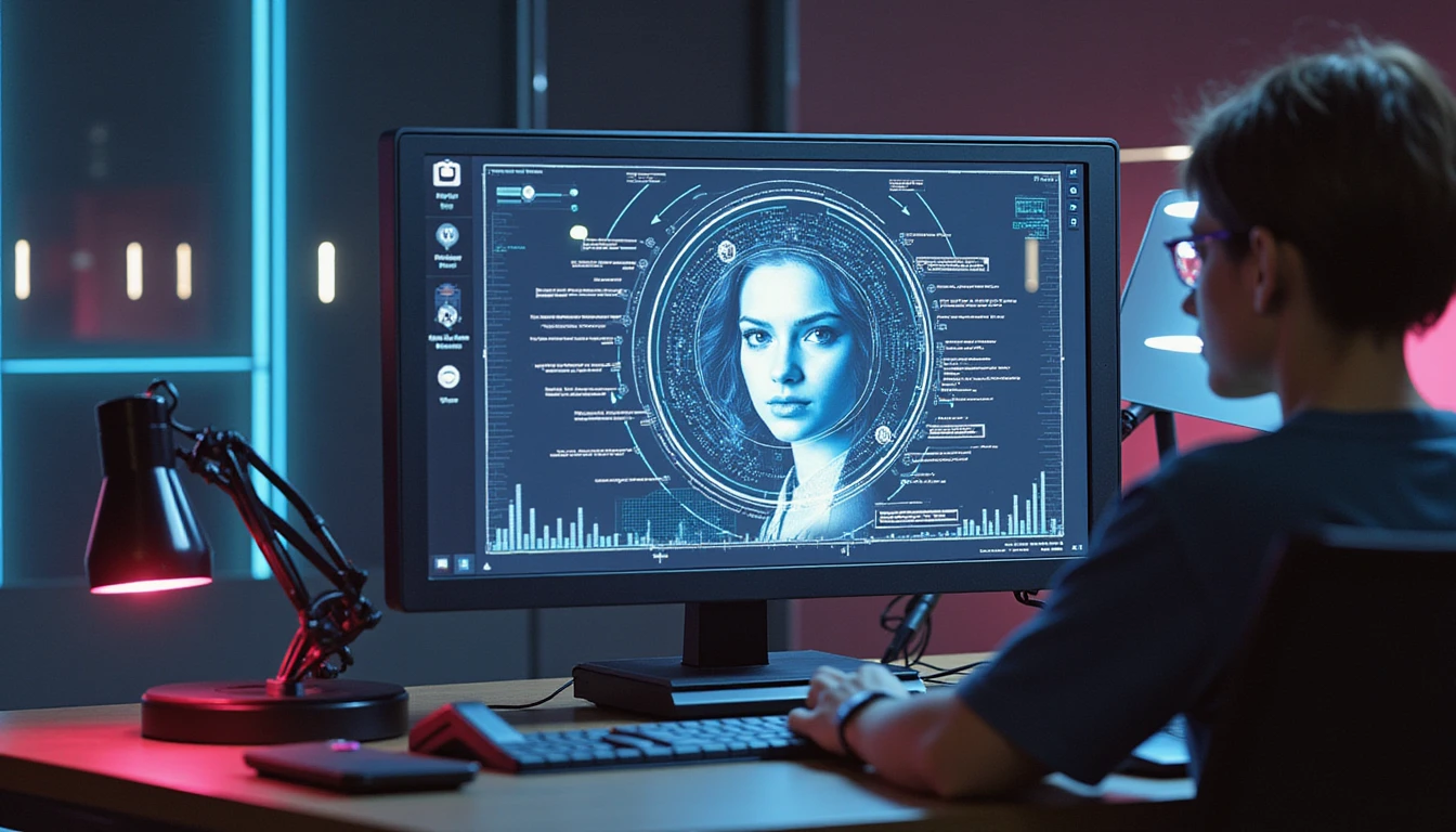 Person analyzing a digital image in a futuristic, neon-lit insurance office with AI forensic tools and neural network overlay