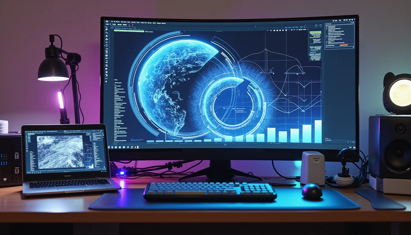 Futuristic insurance fraud detection workspace with neon-lit AI interfaces analyzing images for authenticity and metadata manipulation