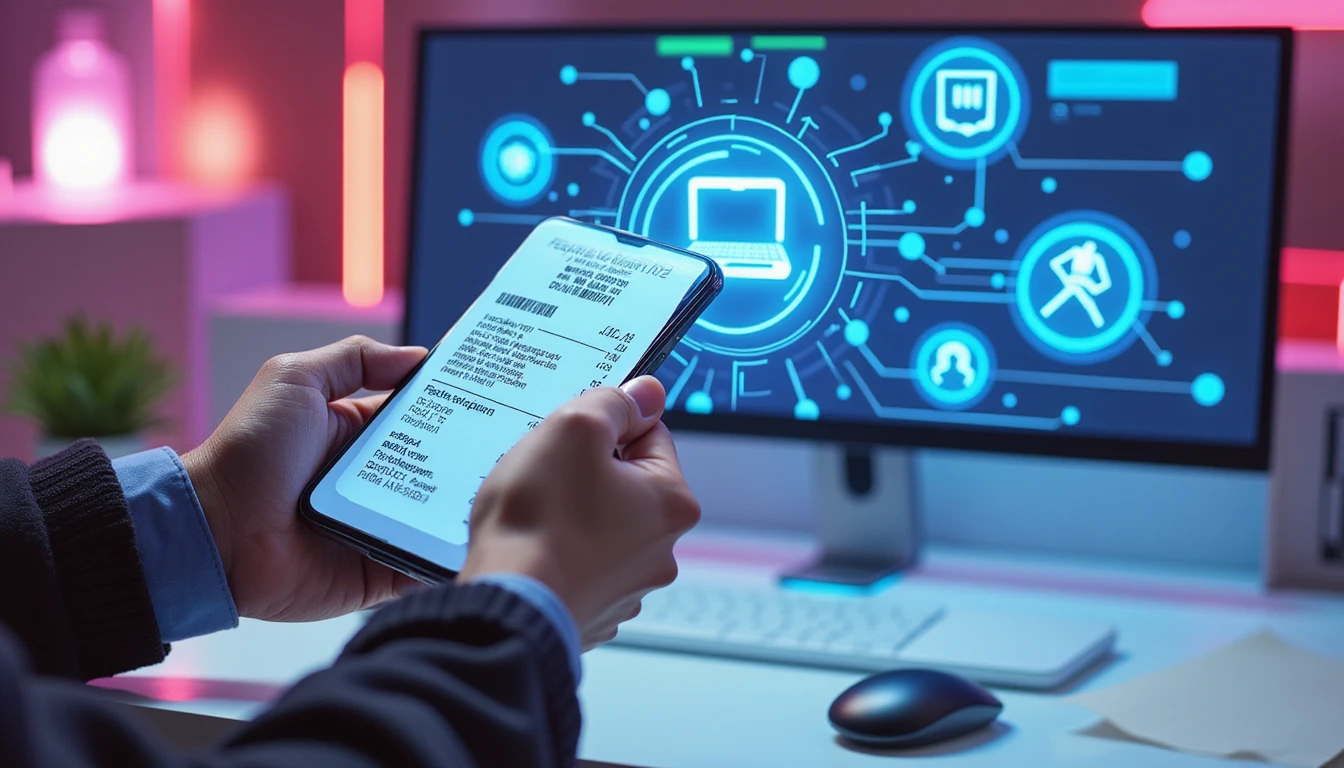 Hand scanning paper receipt with smartphone, overlaid by neon-blue AI diagram for OCR, fraud detection, and data upload in a futuristic office