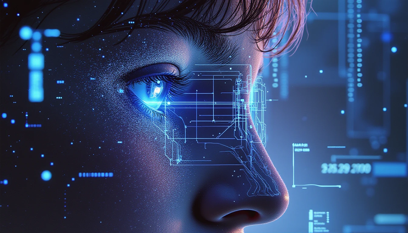Futuristic digital interface analyzing a hyper-realistic face with holographic data, symbolizing AI-driven deepfake detection in insurance.