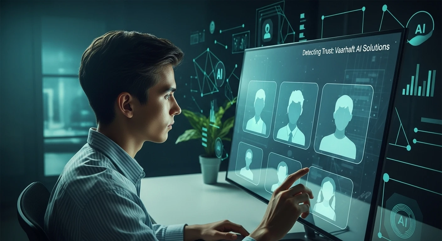 A modern digital interface displays a system designed to detect synthetic profile images in dating apps, focusing on trust and safety.
