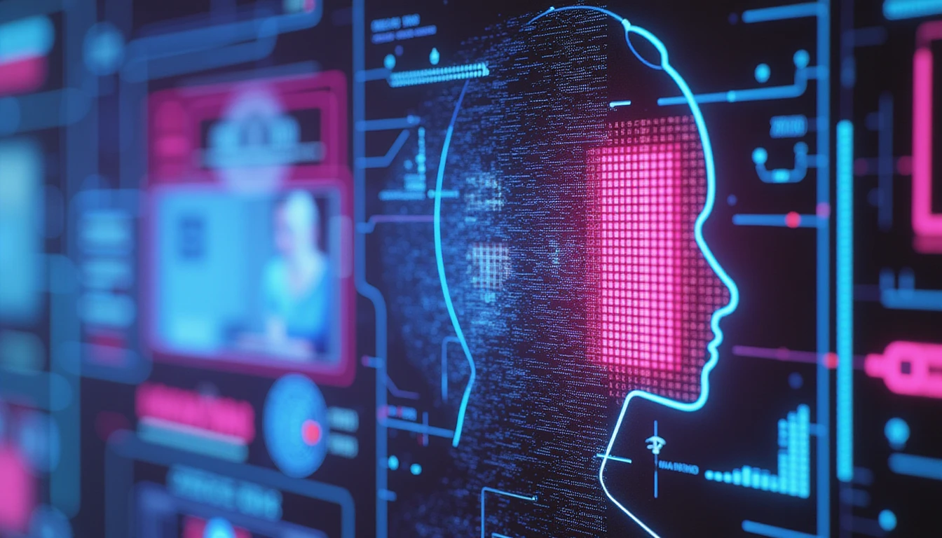 Futuristic dashboard detecting deepfake fraud with facial distortion scans, biometric grids, and pixel-level anomaly analysis