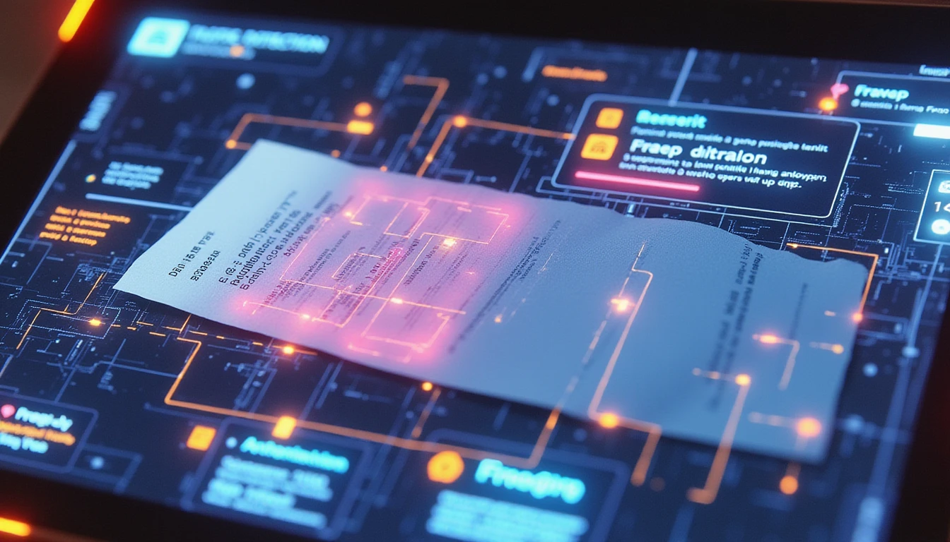 AI fraud detection engine scanning digital receipt with neon interface, visualizing data flow, encryption, and compliance systems