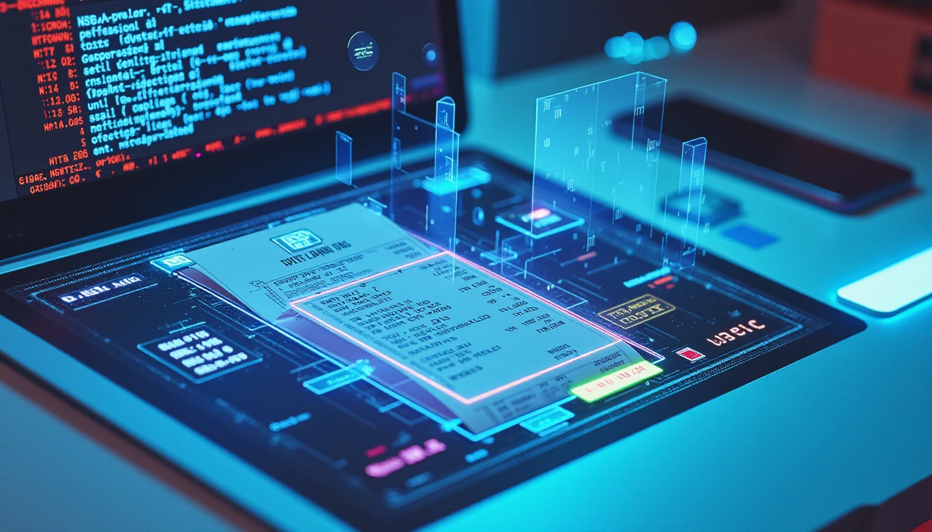 Futuristic macro view of AI-driven workspace scanning a digital receipt for fraud using glowing holograms and real-time data streams