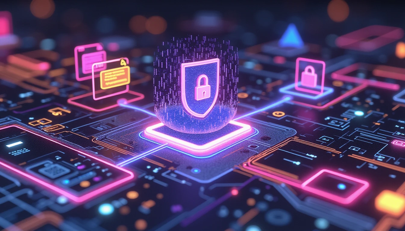 Futuristic interface with neon data streams, document icons, and shield symbol showing AI-driven expense management and fraud detection