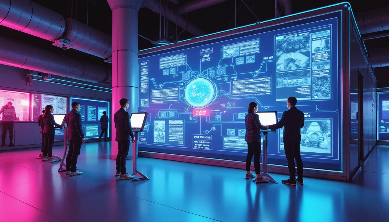 Futuristic insurance center at night with pros analyzing holographic claims, AI fraud system glowing with real-time data flow.