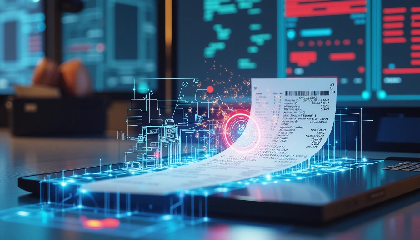 Holographic AI analyzes digital receipt with neon data streams, highlighting fraud detection in a futuristic office at night