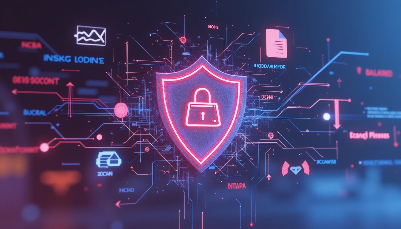 Futuristic AI-powered fraud detection with a glowing neural network, insurance symbols, data analysis, and a high-tech neon aesthetic.