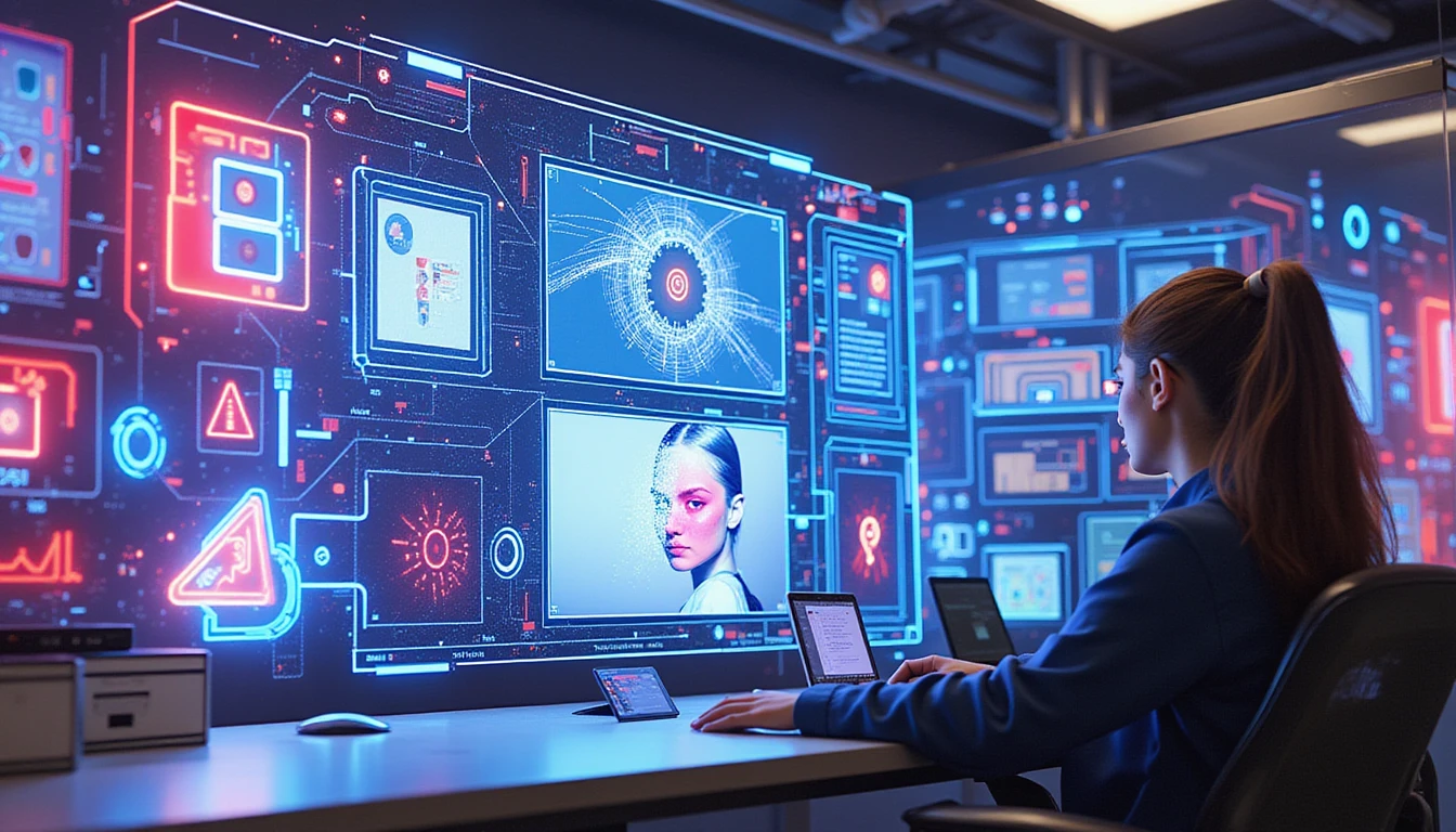 Futuristic insurance office with professionals analyzing digital claims on holographic screens, highlighting AI-driven deepfake fraud detection.