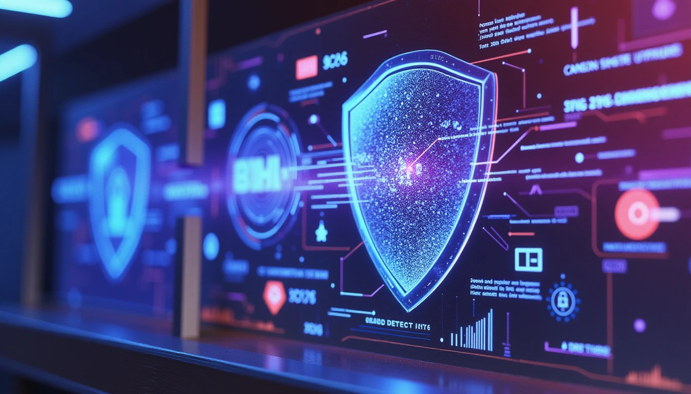 Futuristic AI-powered fraud detection interface with neon blue and purple tones, showing data streams, biometric analysis, and security shield.