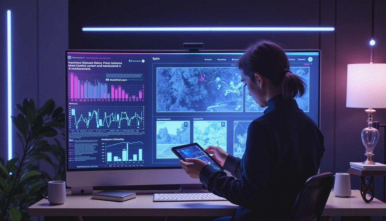 Cybersecurity analyst reviews AI-flagged fraud data on tablet amid holographic interface in high-tech investigation office