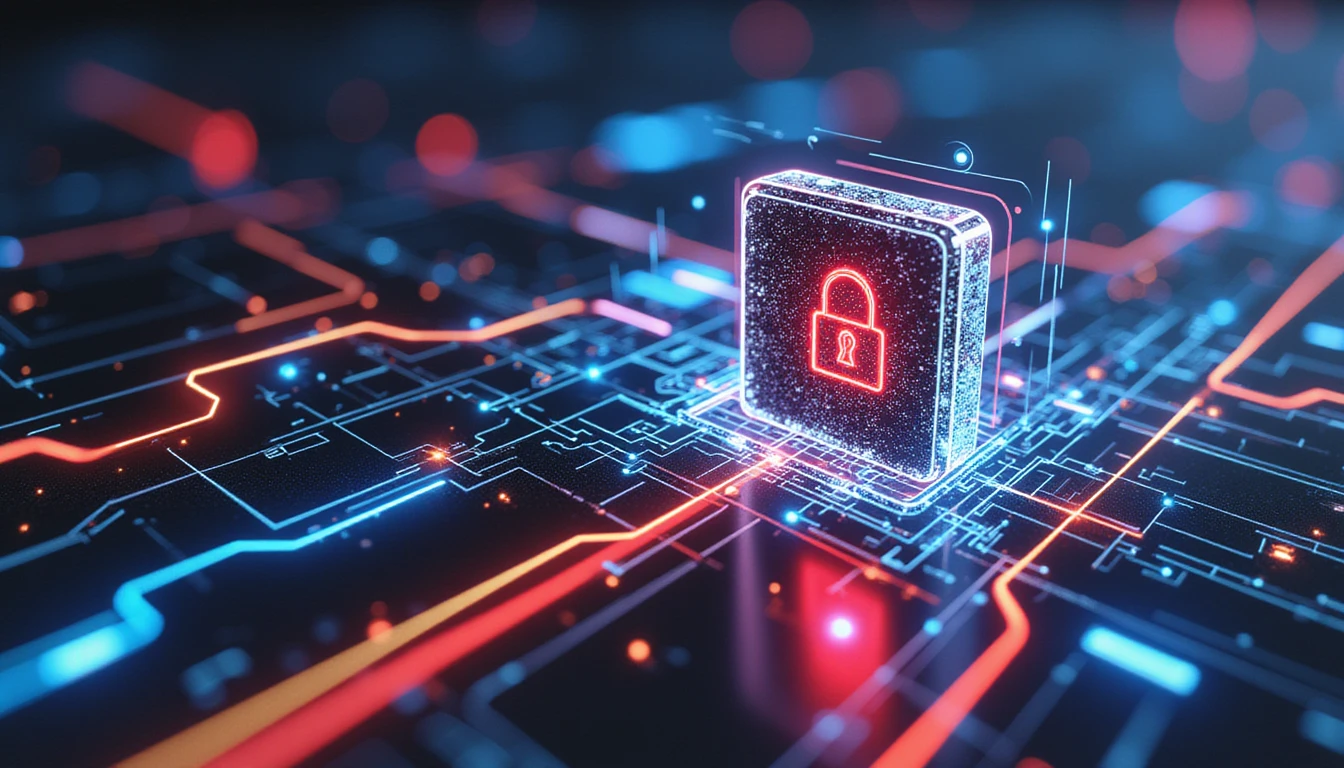 Futuristic digital landscape with glowing data streams, AI-driven fraud detection, security shields, and magnified image inspection.