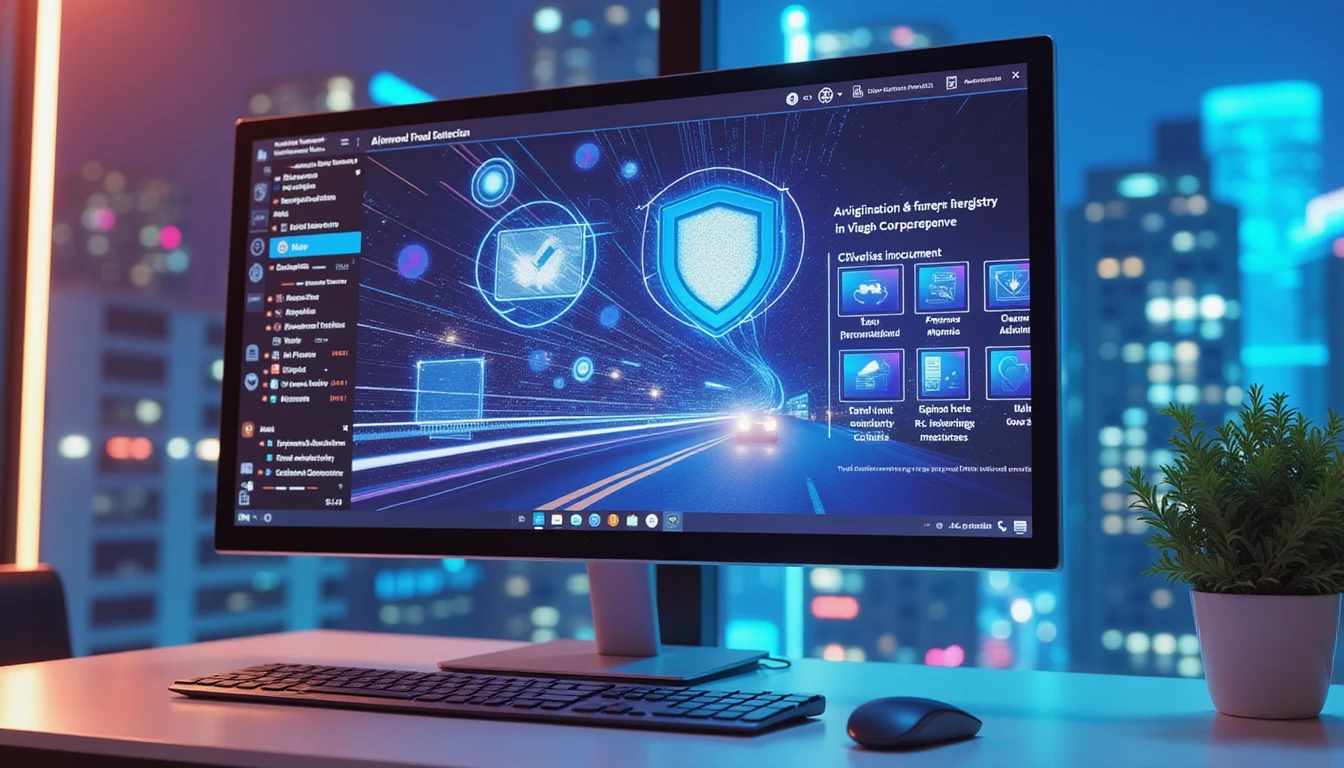 Ultra-realistic macro of AI fraud detection software on screen with neon GDPR icons, symbolizing secure digital expense management