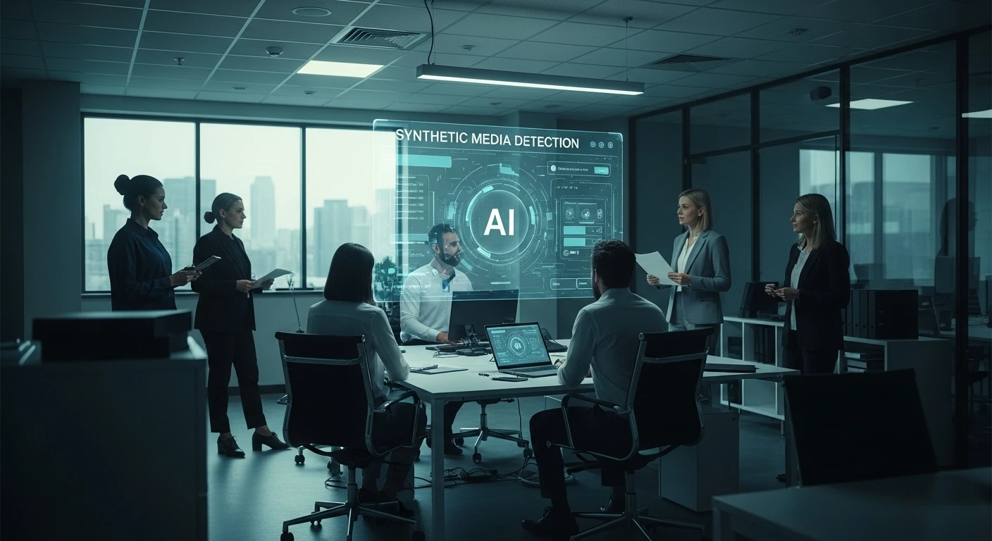 Ein realistisches Geschäftsumfeld mit KI-Analyse-Overlay, das Bemühungen zur Erkennung synthetischer Medien in Business-Systemen symbolisiert.
