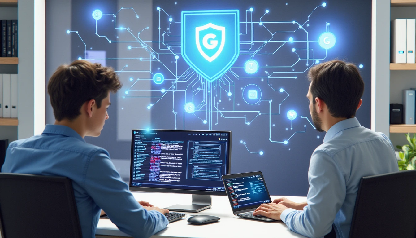 Professionals reviewing claims on futuristic interfaces with AI visuals and data privacy symbols, showcasing VAARHAFT's fraud detection