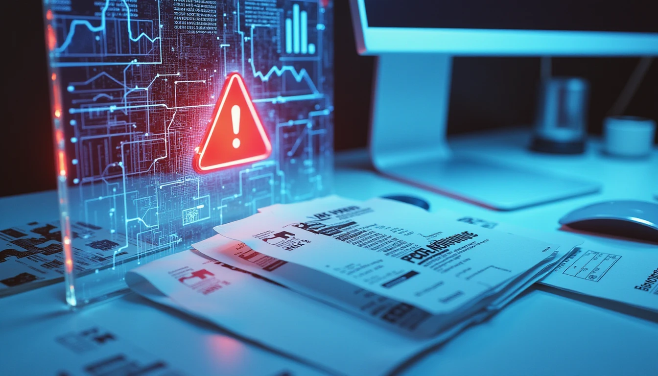 Futuristic desk with forged receipts morphing into code, highlighting AI fraud detection via holograms and data analytics.