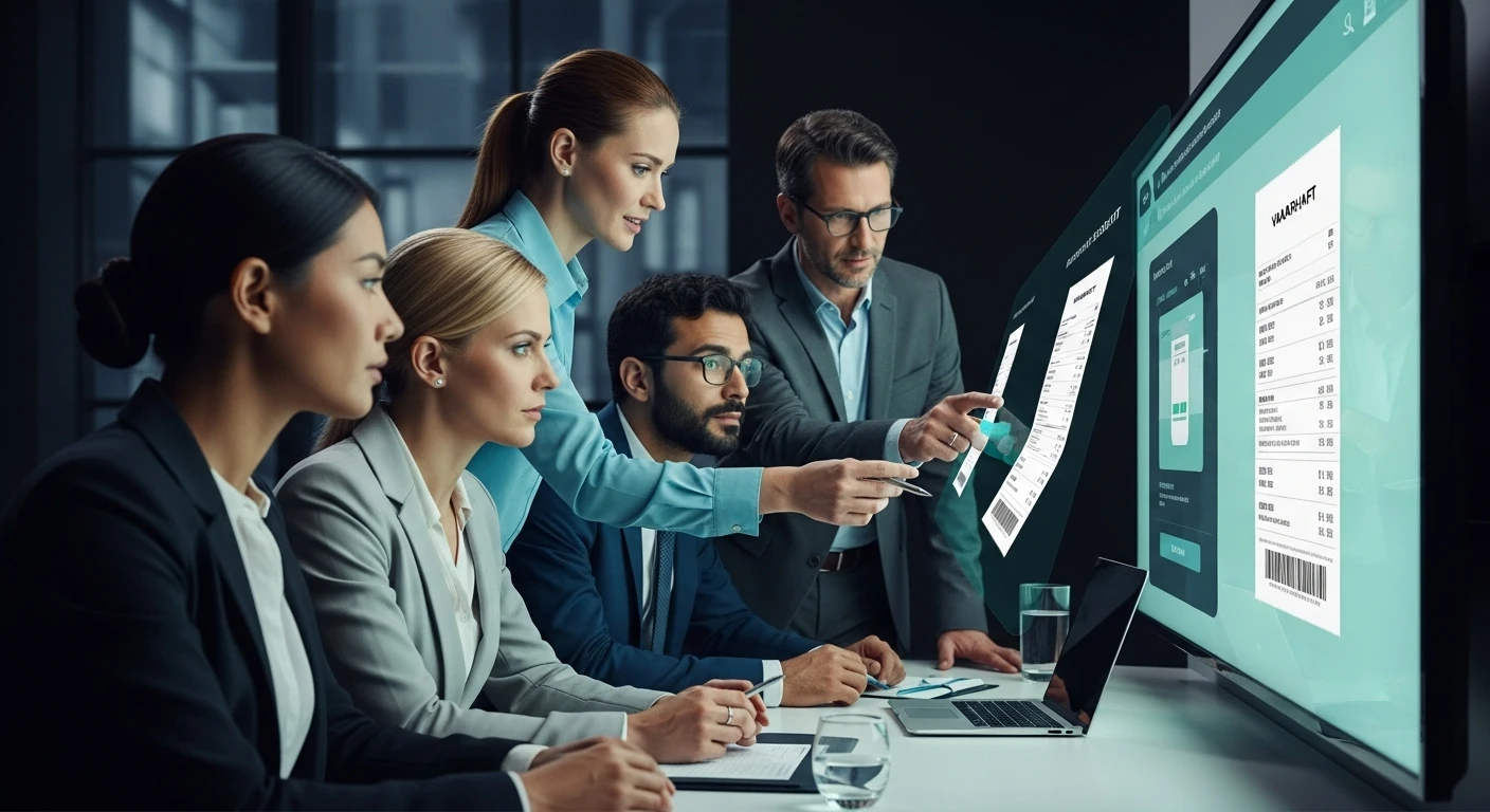 KI-generiertes Bild zeigt modernen digitalen Arbeitsplatz, der fortschrittliche KI-Tools hervorhebt, um gefälschte Belege in Spesen zu entdecken.