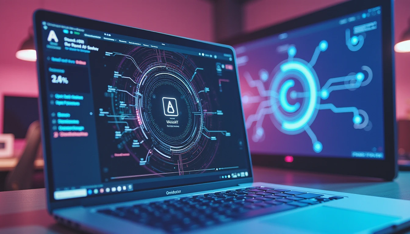 Digital dashboard with VAARHAFT Fraud Scanner highlighted, showing AI fraud analytics over a neon-lit data network background