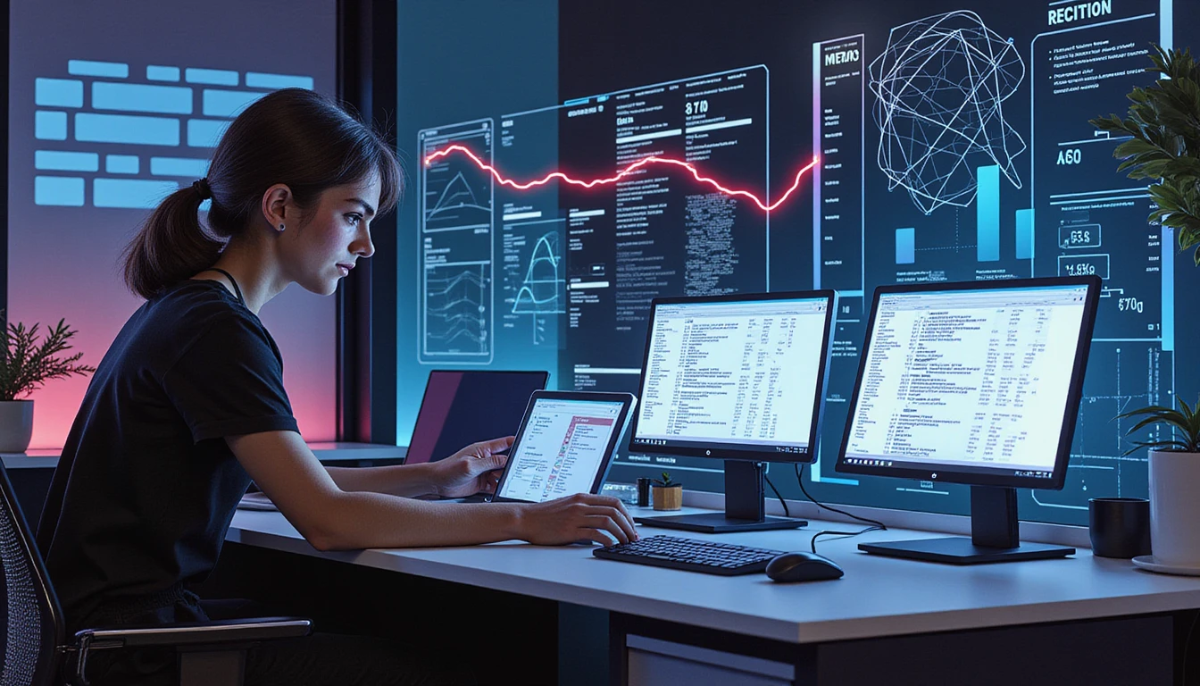 Futuristic digital workspace with neon-lit screens showing receipt data, AI fraud detection, and holographic OCR analysis overlays