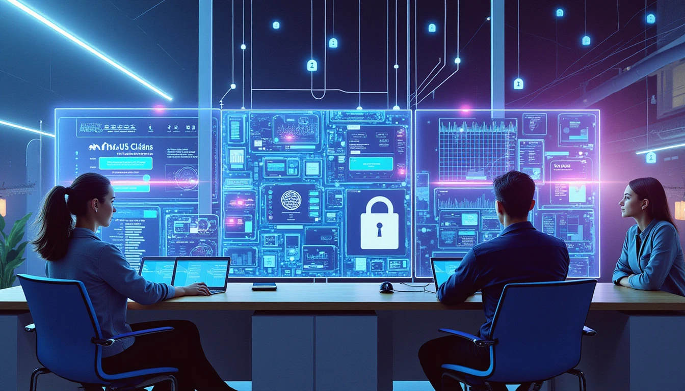 Professionals review digital claims on transparent screens with neon AI fraud detection overlays in a high-tech insurance office.