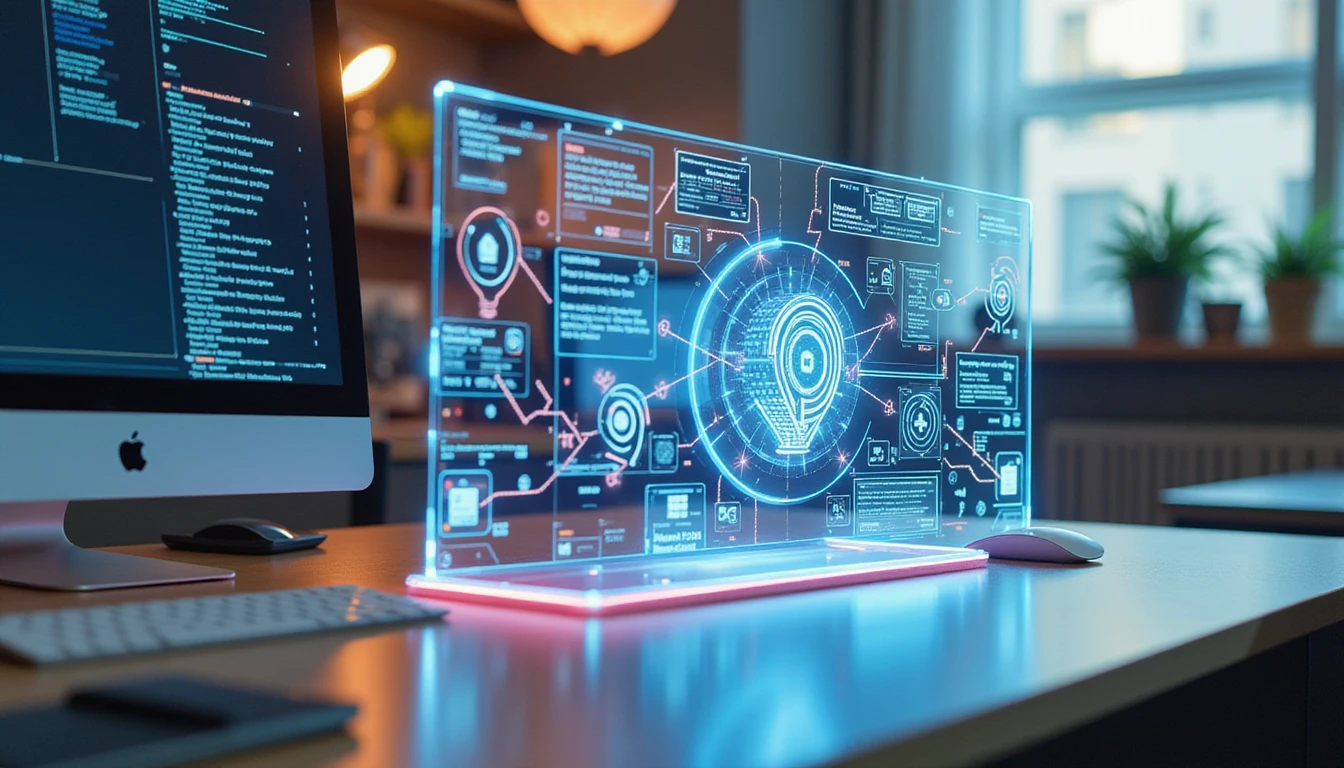 Futuristic office desk with holographic expense workflows and neon-lit AI fraud detection overlay, symbolizing secure automation