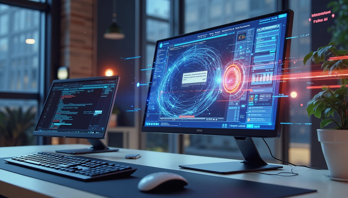 Modern workspace with AI-driven document verification, neon data streams, and holographic overlays ensuring secure expense auditing
