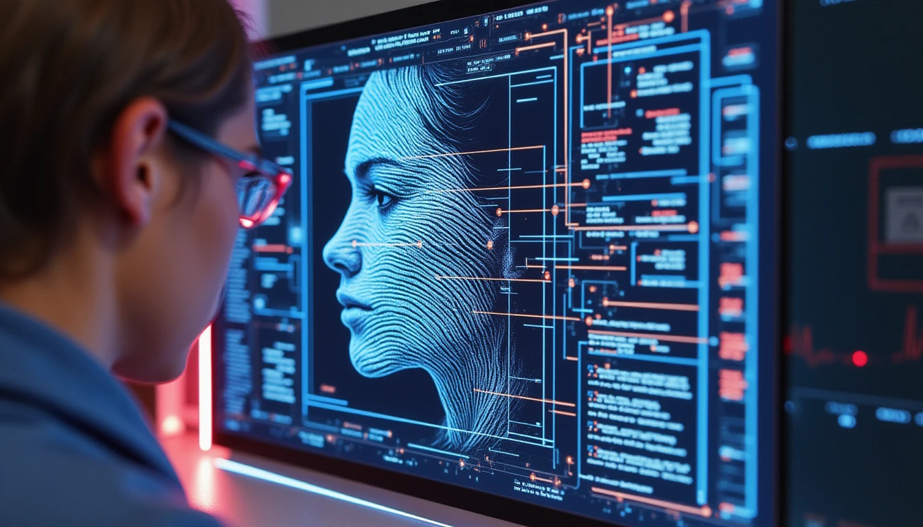 Futuristic forensic imaging analysis with a neon-glow digital fingerprint scanning manipulated layers, symbolizing AI-driven fraud detection.