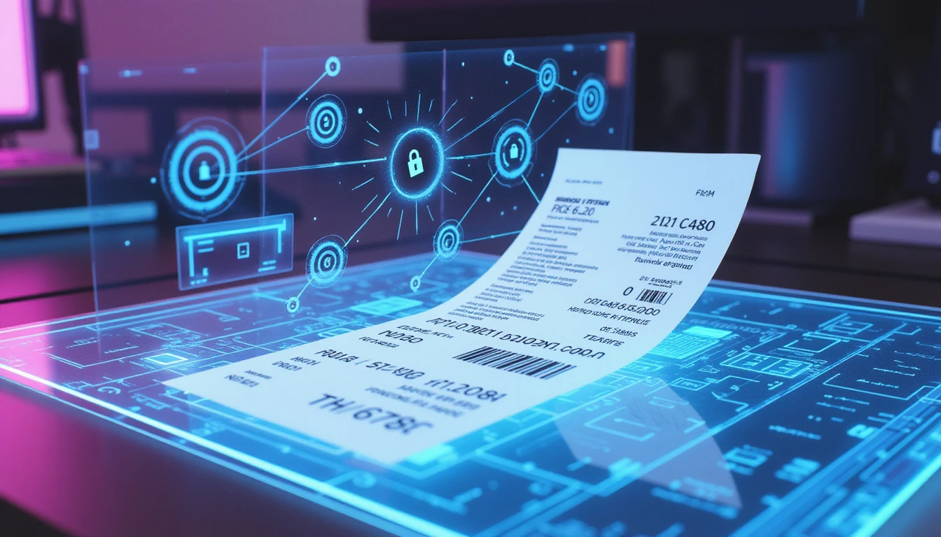 Macro view of a futuristic workspace with holographic receipt analysis, AI network overlay, and fraud detection visuals.
