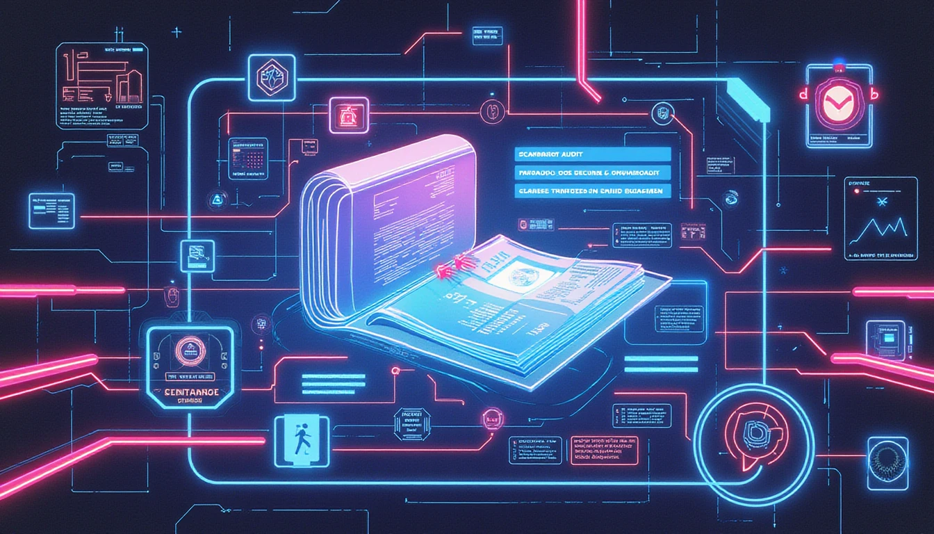 Futuristic AI dashboard auditing digital receipts in real time with neon nodes, fraud detection, and GDPR-compliant security layers