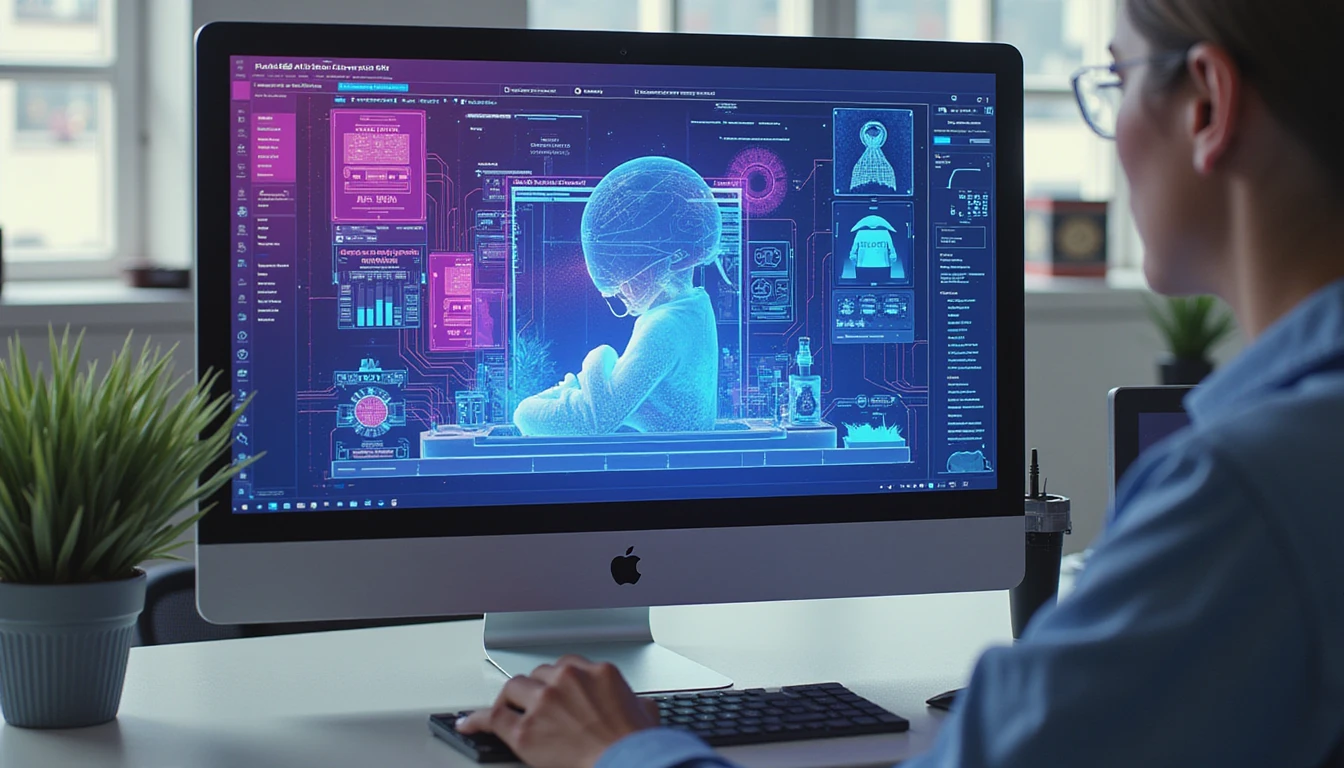 Futuristic insurance office desktop analyzing AI-generated image with holographic fraud detection and metadata overlays