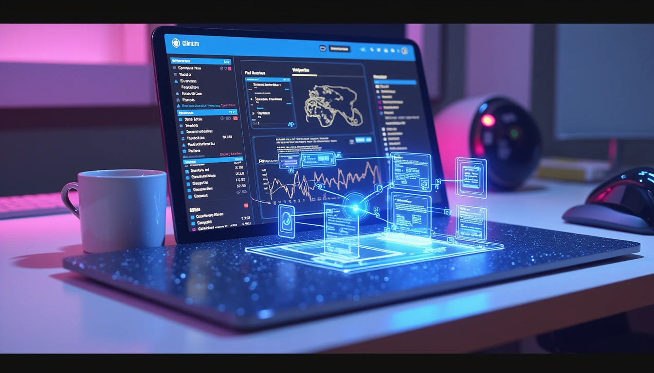 Futuristic expense dashboard with AI-driven fraud detection, scanning receipts and visualizing data via VAARHAFT Fraud Scanner hologram