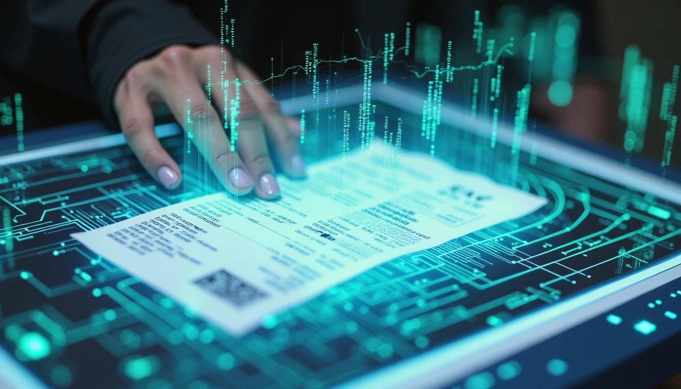 Close-up of AI analyzing a digital receipt on a neon-lit holographic interface, visualizing fraud detection and data flow.