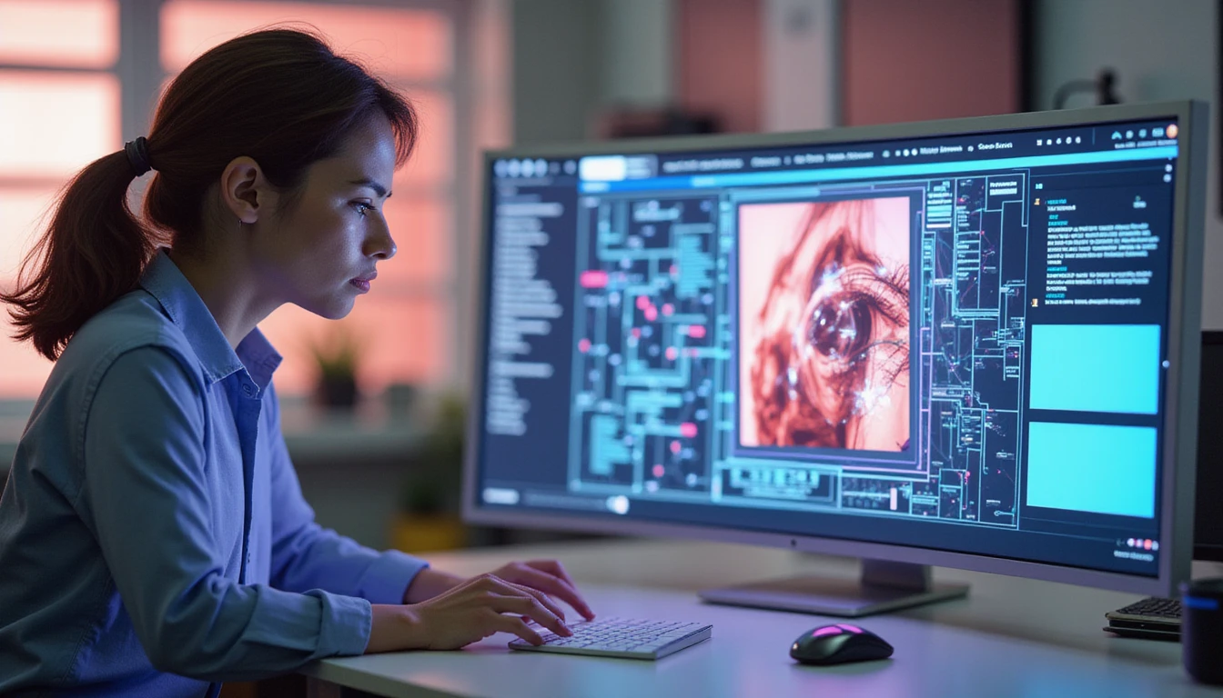 Insurance analyst reviews a holographic image as AI algorithms detect digital fraud in a futuristic high-tech office scene.