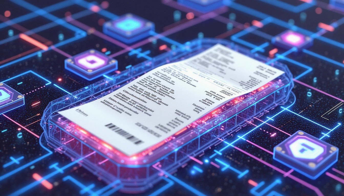 Futuristic cloud-based AI scanning a digital receipt with neural networks, fraud filters, and real-time analytics overlays