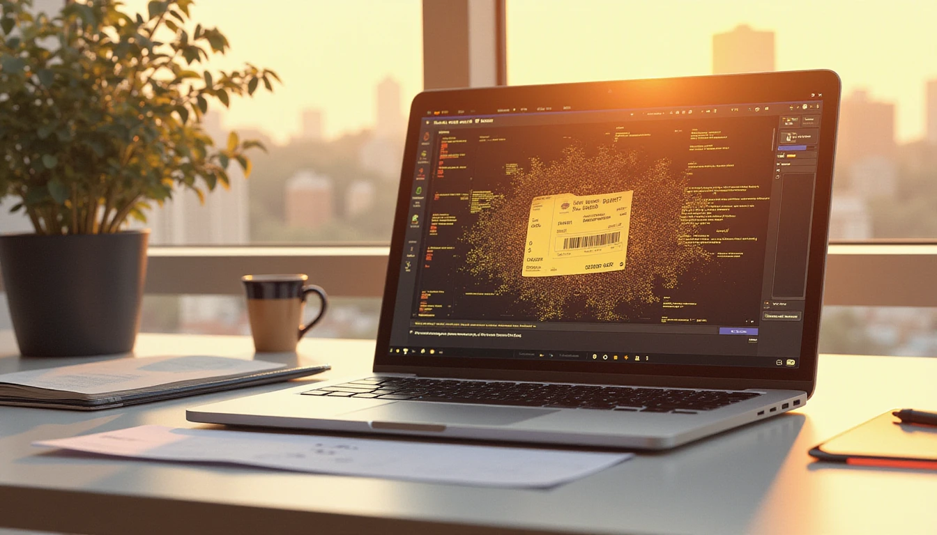 Futuristischer Arbeitsplatz mit KI-gesteuerter Echtzeit-Quittungsverifizierung, bei der sich ein digitaler Beleg in Binärcode verwandelt.