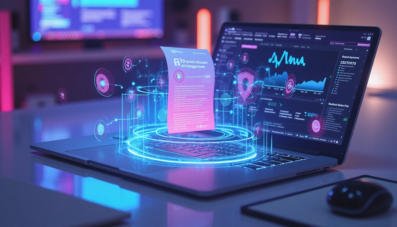 Macro view of a digital workspace with neon interface overlays showing secure API use, fraud detection, and document analysis