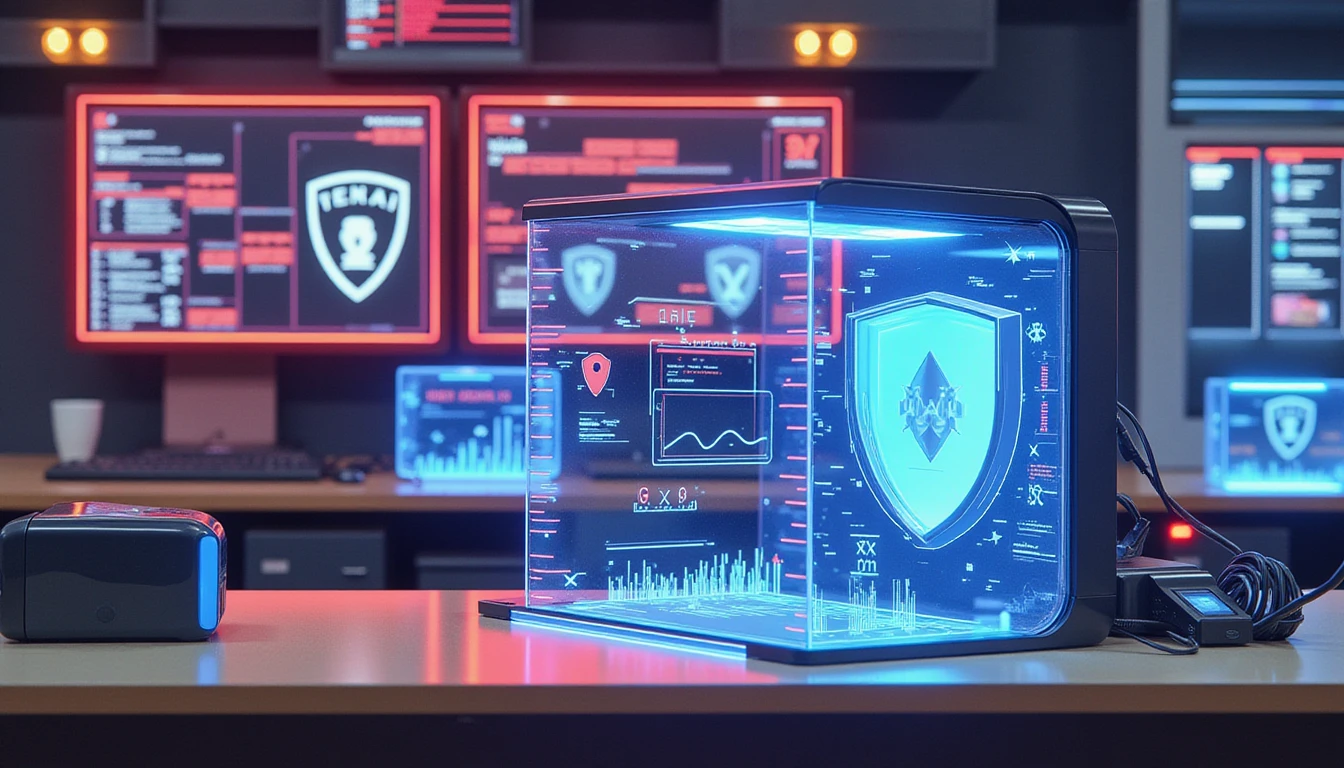 Futuristic insurance claims office with AI-driven fraud detection, holographic security analytics, and neon-lit compliance visuals.