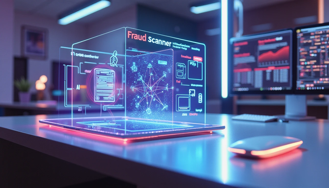 Futuristic office with holographic AI fraud scanner analyzing digital receipts amid neon-lit security and compliance icons