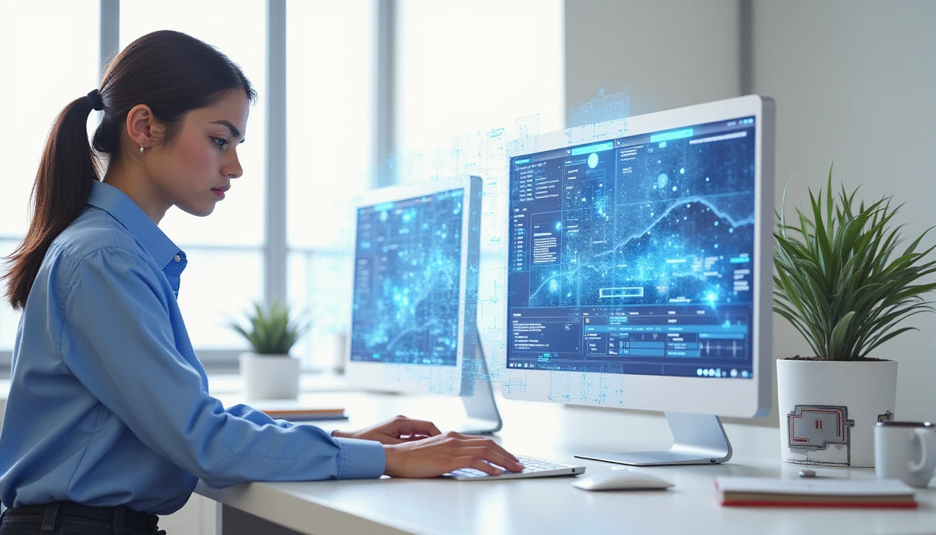 Employee analyzing digital insurance documents on AI dashboard with hovering fraud detection algorithm visualization
