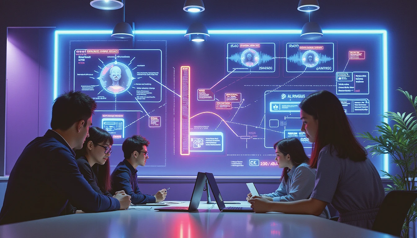 Diverse professionals review holographic deepfake detection data in a neon-lit AI-driven corporate insurance office.