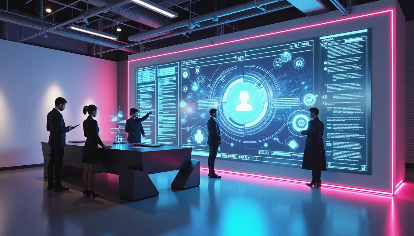 Futuristic insurance office with diverse professionals analyzing holographic data under neon lighting and VAARHAFT API interface.
