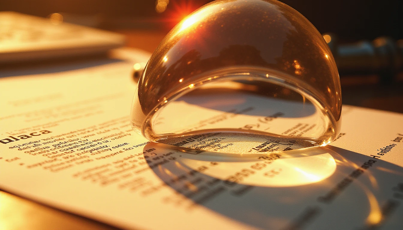 Macro shot of a forensic examination of an insurance document under warm golden light, revealing hidden security details with a magnifying glass.