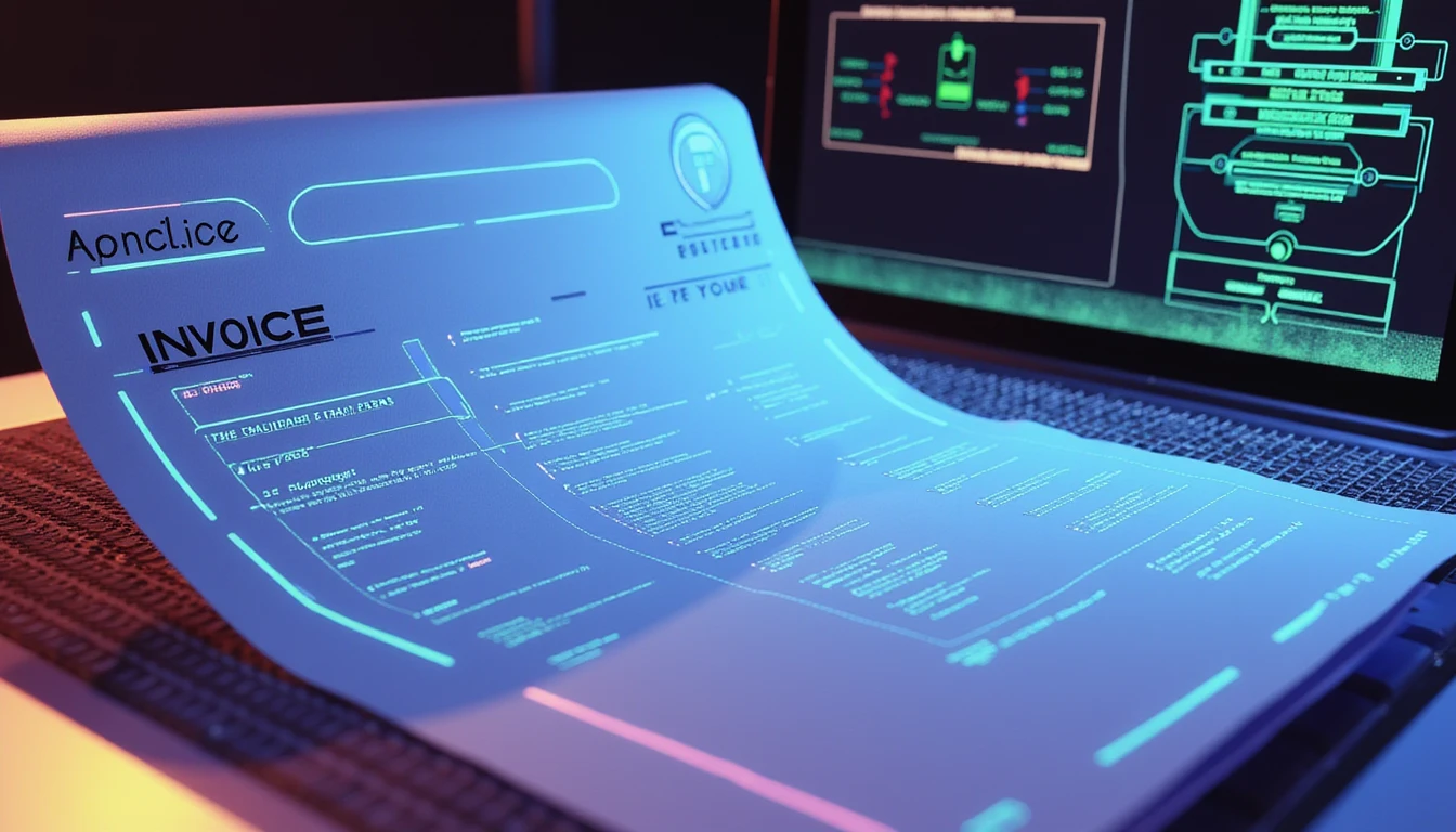 Digital invoice under macro forensic analysis with neon AI metadata overlays and a cyberpunk fraud detection interface in background