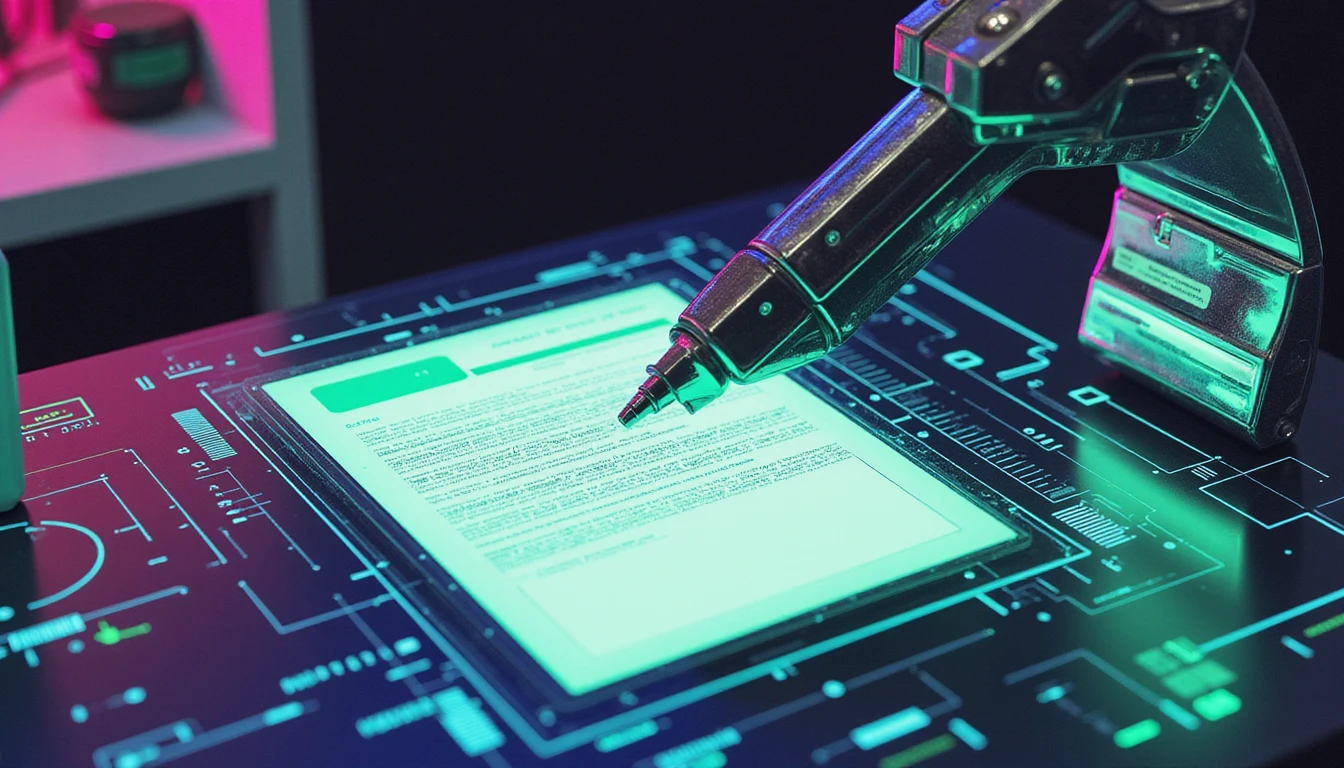 Zukunftsweisende KI-Betrugserkennung scannt Versicherungsdokument mit leuchtenden Datenströmen, Cybersecurity- und Compliance-Elementen.