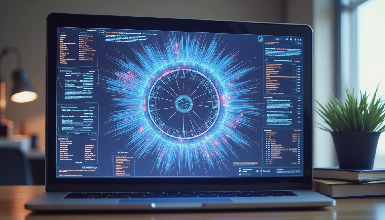 Futuristic office UI scanning digital receipts with neon data visuals, illustrating VAARHAFT's AI fraud detection system in action