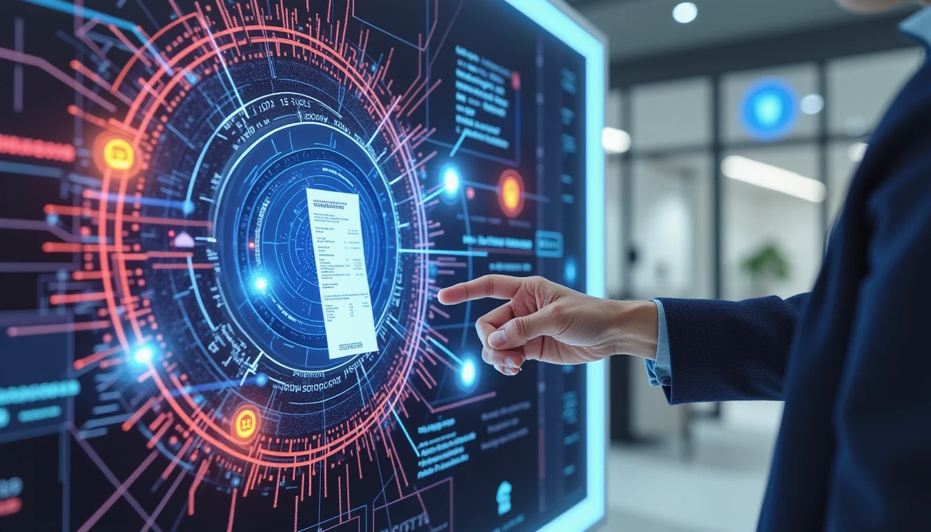 Person in sleek office reviews digital receipt on holographic display with AI fraud detection and GDPR compliance graphics