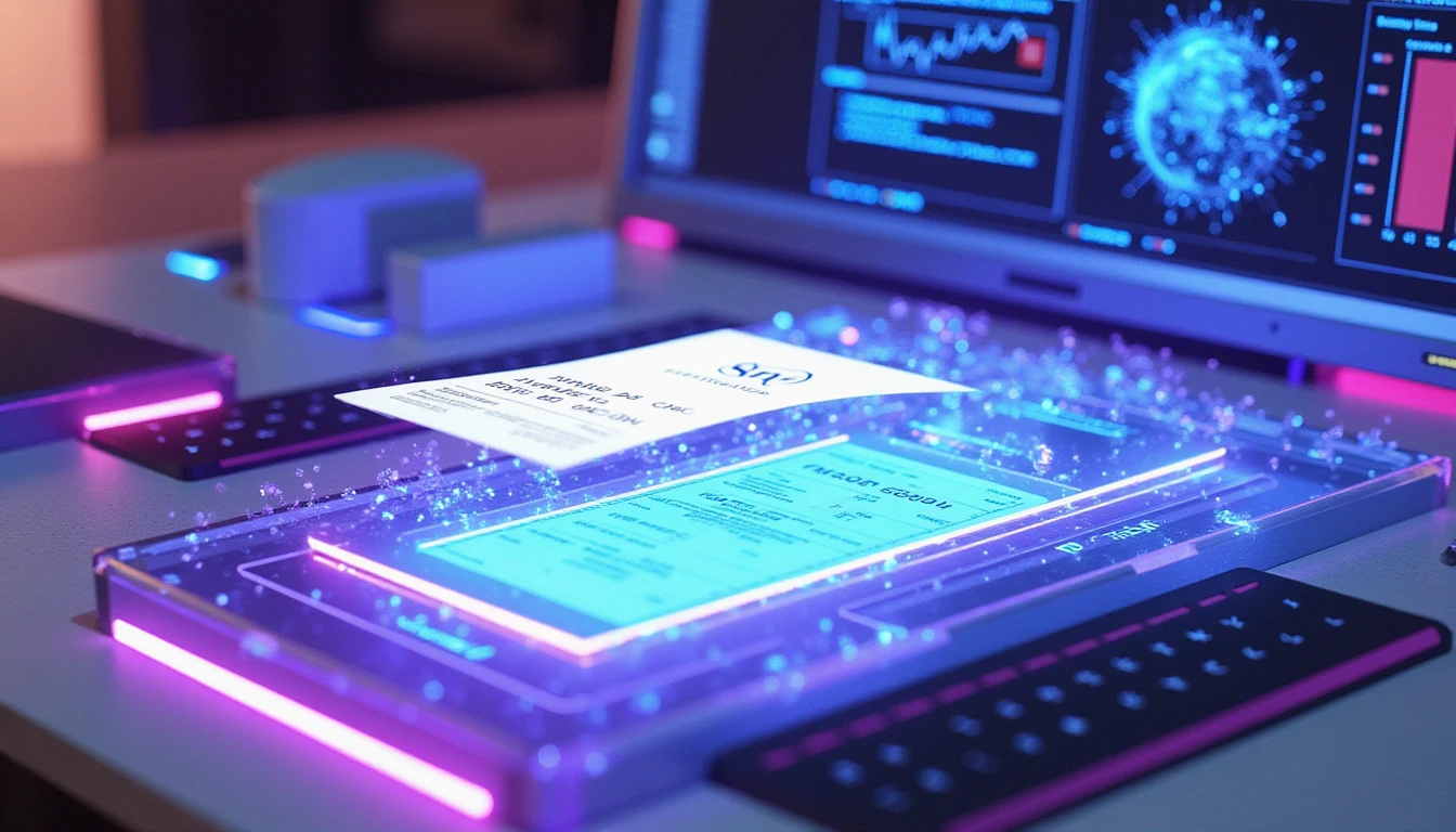 Digital receipt scanned by futuristic interface with neon holograms, real-time AI fraud detection, and secure data overlays