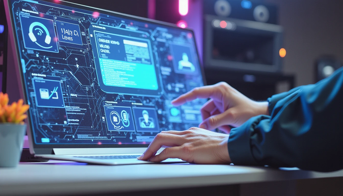 Nutzer interagiert mit transluzentem Spesen-Software-Bildschirm in modernem, neonbeleuchtetem futuristischen Büro mit aktiven visuellen KI-Betrugserkennungen