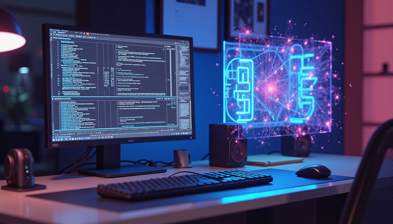 Futuristic office desk at night with neon lighting, showing a glitched digital receipt and holographic AI neural network analysis