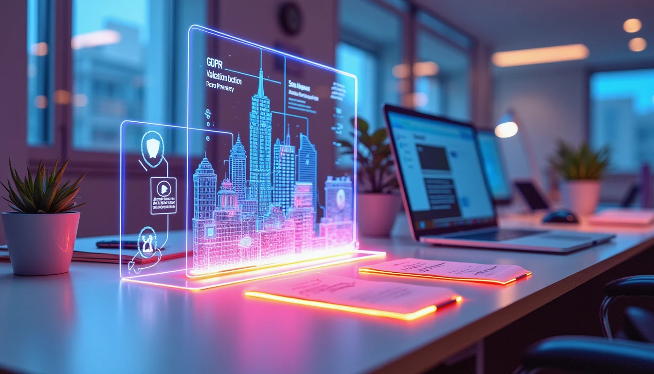 Futuristic AI workspace scanning neon receipts with holographic fraud detection and GDPR-compliance visuals in a city backdrop